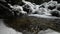 Rapids in a winter river through a snow-covered rock with ice and snow. Frosty river in a pine forest. Pure crystal