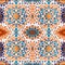 Rapport seamless of mosaic tesserae of flowers multicolor tapestry pattern. Generative AI. Pattern mirrored repeat duplicates