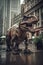 The raptor dinosaur walks the streets of the city and scares the inhabitants, a big and scary predator,generative AI.