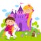 Rapunzel fairy tale princess at the castle and prince riding a horse. Vector illustration