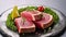 Rare ahi tuna steak slices with fresh herbs. Generative AI