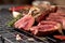 Rare beef chopped steak salt rosemary pepper