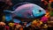 Rare blue pink shiny fish species in ocean, marine inhabitants among the corals, exotic aquarium