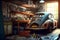 Rare car of automotive industry stands in small workshop for repair