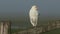 A rare Cattle Egret, Bubulcus ibis, preening perching on a fence post on a misty cold morning.