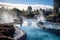 A rare hot spring peacefully sits in the center of a serene body of water, Te Puia thermal park, Rotorua town, New Zealand, AI