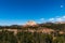 Rare landscape of South Guardian Angel from the top. Hoodoo and trees, Zion National Park - Image. Blue sky, bright colors