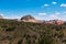 Rare landscape of South Guardian Angel from the top. Hoodoo and trees, Zion National Park - Image. Blue sky, bright colors