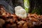 Rare Lion`s mane mushroom in a Dutch forest