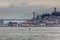 Rare sighting of fluke of humpback whale in San Francisco Bay with city skyline in background