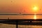 Rare sunset at a beach during a heatwave in the United Kingdom with birds flying in the sky