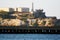 Rare view of Alcatraz Island behind a wharf