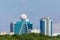 Ras al Khaimah Etisalat Tower with iconic ball close up in the United Arab Emirates