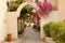 Ras Al Khaimah, UAE - April 2022 - Arch with beautiful flowers at private villas at Cove Rotana Resort