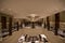 RAS AL KHAIMAH, UNITED ARAB EMIRATES - JUN 13, 2019: Spacious carpeted corridors in an opulent luxury hotel in the