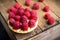 Rasberry cake decorated with fresh ripe berries on the rustic background. Selective focus.