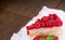 Raspberrie creamy cake, raspberry cheesecake closeup on plate, on rustic table