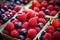 Raspberries and blueberries in a basket. Selective focus. Toned, Farmers Market Berries Assortment Closeup, Strawberries,