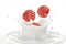 Raspberries in cream splash, isolated on white background. Raspberry falls into cream.