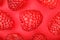 Raspberries, fresh raspberries  on a red background,  minimalistic concept, monochrome, top view. Fruit pattern