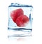 Raspberries frozen in ice cube, isolated