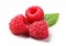 Raspberries red sweet berries with leaf on white.Macro.AI Generative