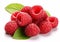 Raspberries red sweet berries with leaf on white.Macro.AI Generative