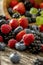 Raspberries, strawberries, blackberries and blueberries scattering from a wooden bowl