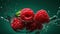 Raspberries and water Splashing green background