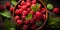 Raspberry banner. Bowl full of raspberries. Close-up food photography background