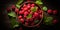 Raspberry banner. Bowl full of raspberries. Close-up food photography background