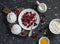 Raspberry, black currant, cheese, cream, honey, meringue - tasty breakfast or snack.