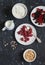 Raspberry, black currant, cottage cheese, cream, honey, meringue - tasty breakfast or snack.