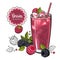 Raspberry and blackberry summer cool drink with fresh ripe fruits and ice in sketch style.