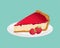 Raspberry cheesecake on white plate isolated. Vector illustration of sweet berry cake in cartoon flat style. Dairy dessert.