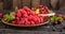 Raspberry, cherry, red currant, blackcurrant on a wooden plate against a dark background