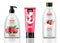 Raspberry cosmetics bottles set collection Vector realistic. Liquid soap, hand cream, shampoo raspberry containers mock