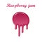 Raspberry drip jam 3D. Sweet raspberries splash isolated white background. Fruit strawberry candy splashing. Realistic