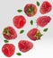 Raspberry falling from different angles. Flying raspberry with green leaf on transparent background. 3D realistic