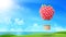 Raspberry fruit shaped hot air balloon, Hot air balloon floating over a green hill Elements of nature and sky background, Tourism