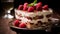 Raspberry fruits tiramisu dessert close-up view