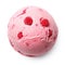 Raspberry ice cream scoop ball on white background. Top view