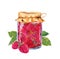 Raspberry jam with berries and leaves in glass jar. Watercolor for traditional therapy and health care