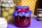 Raspberry jam-jar, ribbon, canned fruits, clay cup, eco kitchen