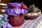 Raspberry jam-jar, ukrainian clay dishes on tablecloth, eco kitchen