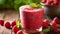 Raspberry juice in a flourishing raspberry garden