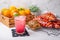 Raspberry lychee soda, raspberry croissant and orange, ready to serve for refreshing. use for decorated cafe, restaurant and et