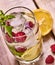 Raspberry mojito with cubes ice glass. Top view.