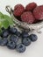 Raspberry in an old antique silver bowl. Blueberry and lemon balm leaf. White background.