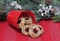 Raspberry Pecan Thumbprint cookies in a Christmas setting